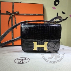 Hermes Constance Crocodile Shiny Porosus 23cm Black