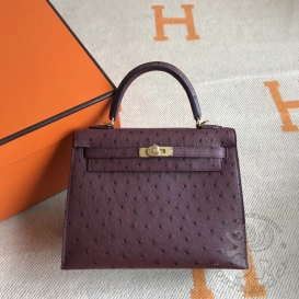 Hermes Kelly Ostrich 25cm Bordeaux 57 FHS