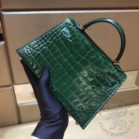Hermes Kelly New 20cm Crocodile Alligator Shiny Green