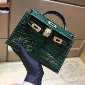 Hermes Kelly New 20cm Crocodile Alligator Shiny Green