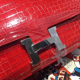 Hermes Constance Crocodile Shiny Porosus 26cm Double Gusset Red