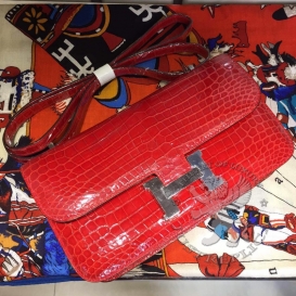 Hermes Constance Crocodile Shiny Porosus 26cm Double Gusset Red