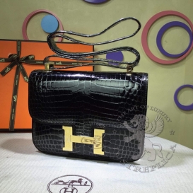 Hermes Constance Crocodile Shiny Porosus Black 23cm