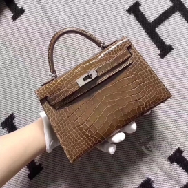 Hermes Kelly New 20cm Crocodile Alligator Shiny Brown