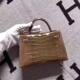 Hermes Kelly New 20cm Crocodile Alligator Shiny Brown