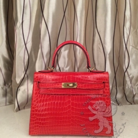 Hermes Kelly Crocodile Shiny Niloticus 28cm Red