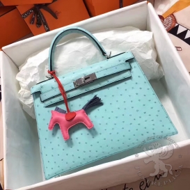 Hermes Kelly Ostrich 28cm Blue Atoll 3P PHS