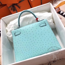 Hermes Kelly Ostrich 28cm Blue Atoll 3P PHS