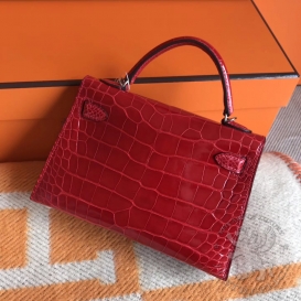 Hermes Kelly New 20cm Crocodile Alligator Shiny Braise 95
