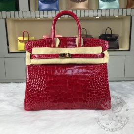 Hermes Birkin Crocodile Shiny Alligator 25cm Red