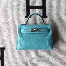 Hermes Kelly New 20cm Crocodile Alligator Matte Bleu Saint-Cyr 3Z