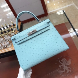 Hermes Kelly Ostrich 28cm Blue Atoll 3P FHS