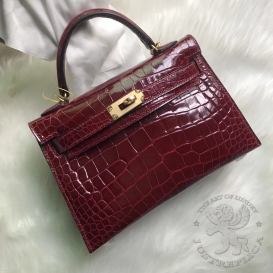 Hermes Kelly New 20cm Crocodile Alligator Shiny Bourgogne F5