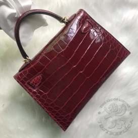 Hermes Kelly New 20cm Crocodile Alligator Shiny Bourgogne F5