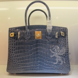Hermes Birkin Crocodile Shiny Porosus 30cm Brighton Blue