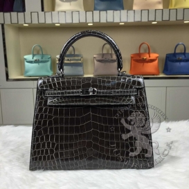 Hermes Kelly Crocodile Shiny Porosus 25cm Grey 