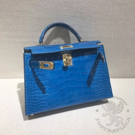 Hermes Kelly New 20cm Crocodile Alligator Shiny Blue Izmir 7W