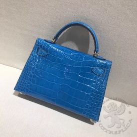 Hermes Kelly New 20cm Crocodile Alligator Shiny Blue Izmir 7W