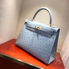 Hermes Kelly Ostrich 28cm Bleu Glacier 8U FHS