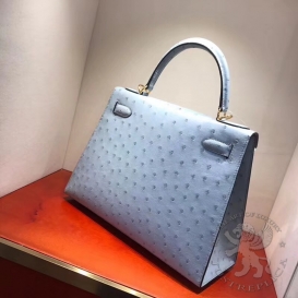 Hermes Kelly Ostrich 28cm Bleu Glacier 8U FHS