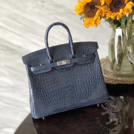 Hermes Birkin Crocodile Shiny Porosus 25cm Celeste 7N