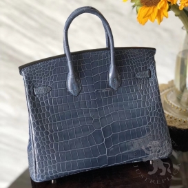 Hermes Birkin Crocodile Shiny Porosus 25cm Celeste 7N