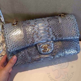 Chanel Classic Python Medium 25.5cm Blueish Silver