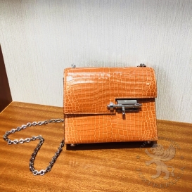 Hermes Verrou Crocodile Shiny Porosus 19cm Orange