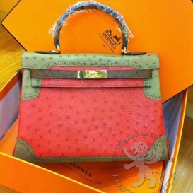 Hermes Kelly 28cm Ostrich Retourne Ghillies Tri-color