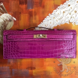 Hermes Kelly Cut Clutch Crocodile Shiny Niloticus Fuchsia 5J