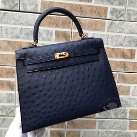 Hermes Kelly Ostrich 25cm Bleu Abysse 7K FHS