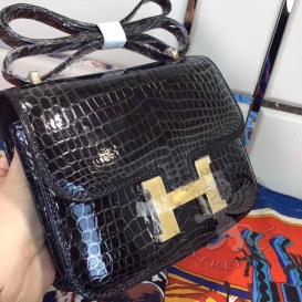 Hermes Constance Crocodile Shiny Porosus 23cm Double Gusset Black