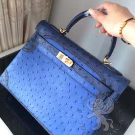 Hermes Kelly 32cm Ostrich Retourne Ghillies Tri-color