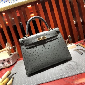 Hermes Kelly Ostrich 28cm Etain 8F FHS