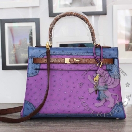 Hermes Kelly Ghillies Ostrich 32cm Tri-color