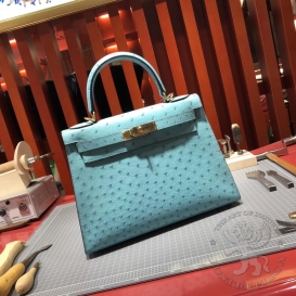 Hermes Kelly Ostrich 28cm Bleu Aztec 7M FHS