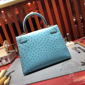 Hermes Kelly Ostrich 28cm Bleu Aztec 7M FHS