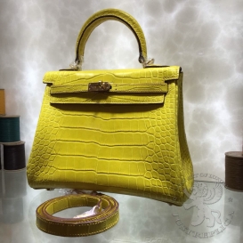 Hermes Kelly 25cm Crocodile Porosus Matte Retourne(souple) Lime