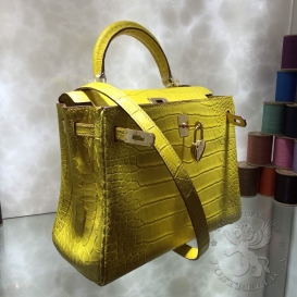 Hermes Kelly 25cm Crocodile Porosus Matte Retourne(souple) Lime