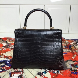 Hermes Kelly 28cm Crocodile Matte Retourne(souple) Black