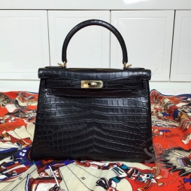 Hermes Kelly 28cm Crocodile Matte Retourne(souple) Black
