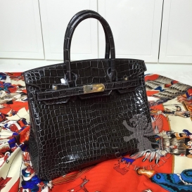 Hermes Birkin Crocodile Shiny Porosus Black 30cm