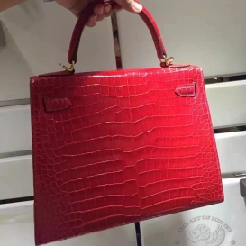 Hermes Kelly Crocodile Shiny Alligator 28cm Red