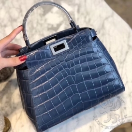 Fendi Peekaboo 23cm Crocodile Blue Metal Handle