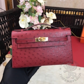 Hermes Kelly Pochette 22cm Ostrich Rubis B5 PHS