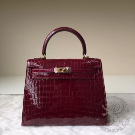 Hermes Kelly Crocodile Shiny Niloticus 25cm F5 Bourgogne