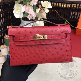 Hermes Kelly Pochette 22cm Ostrich Rouge Casaque Q5 PHS