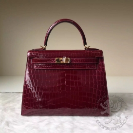 Hermes Kelly Crocodile Shiny Niloticus 28cm Bourgogne F5