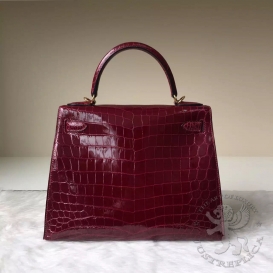 Hermes Kelly Crocodile Shiny Niloticus 28cm Bourgogne F5