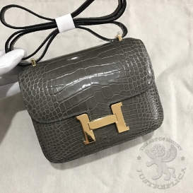 Hermes Constance Crocodile Shiny Alligator 18cm Etoupe